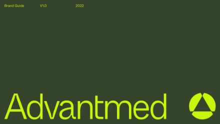 A dark green background with the word Advantmed in large, bright green text at the bottom left and a circular geometric logo at the bottom right. Small text at the top reads Brand Guide V1.0 2022.