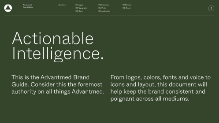 A green slide titled Actionable Intelligence introduces the Advantmed Brand Guide, highlighting its role in defining the brands logos, colors, fonts, icons, and layout for consistency across all mediums.
