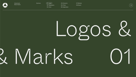 A dark green webpage displays large white text reading Logos & Marks 01 with a minimalist navigation menu across the top.