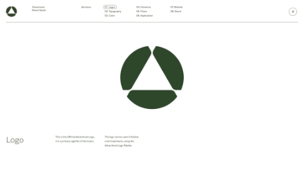 A minimalist style webpage displays a green geometric logo resembling a triangle made of three separate shapes, with the word “Logo” and descriptive text about its official brand use shown below on a white background.