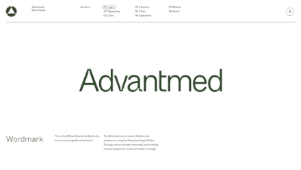 A minimalistic white page features the word Advantmed in large, green text at the center. Navigation links and small descriptive text appear at the top and bottom left corners.