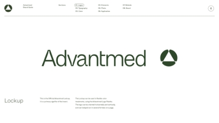 A white page displays the Advantmed logo in dark green text with a circular, geometric icon to the right. Minimal header and small descriptive text appear above and below the logo.