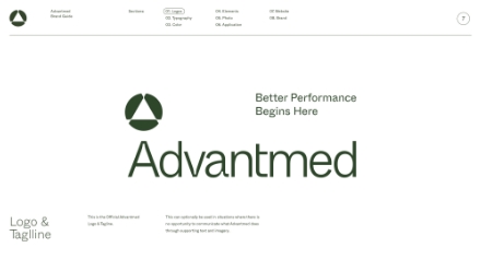 A brand guide page for Advantmed shows the company logo, tagline Better Performance Begins Here, and the Advantmed name in green. Additional section labels and a brief descriptive note appear on a clean white background.