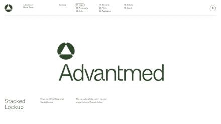 Screenshot of a brand guide page showing the Advantmed logo, which features a green geometric icon above the stylized word “Advantmed.” Text on the left reads “Stacked Lockup.” The layout is minimal with ample white space.