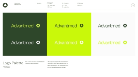 A logo palette for Advantmed shows four variations: white text on dark green, black text on white, bright green text on white, and light green text on white, each with a circular icon.