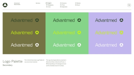 Three panels display the Advantmed logo and text in different secondary color palettes: olive green, lime green, and lavender backgrounds, each with contrasting logo and text colors.
