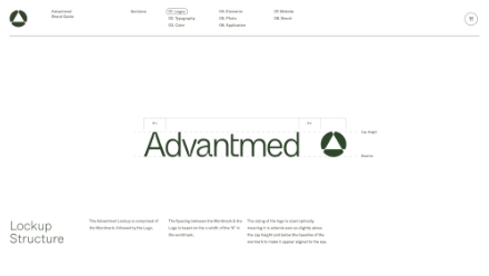 A diagram showing the lockup structure for the Advantmed logo, including spacing guidelines and logo proportions, with the Advantmed name and a circular tree icon aligned to the right. Text instructions are included below the diagram.