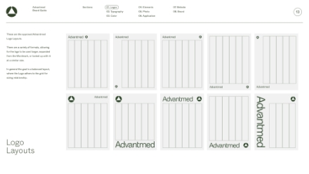 A grid of nine logo layout examples for Advantmed, each showing the company name and symbol in different positions and orientations on vertical-striped rectangles. Text and logos are arranged along sides, tops, or centers.