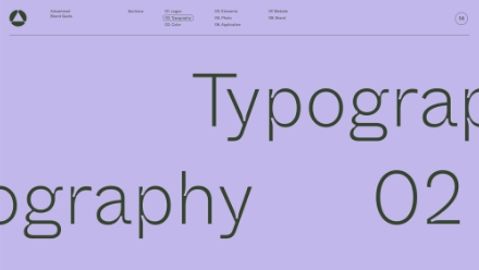 A website page with a purple background displays large, overlapping text that reads Typography 02. The top navigation bar contains menu items and a circular logo on the left.