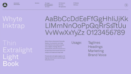 A sample page showcases the Whyte Inktrap font family in various weights, displaying uppercase and lowercase letters, numbers, and suggested uses like taglines, headings, marketing, and brand voice on a purple background.