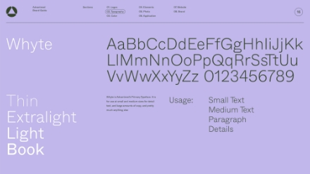 A sample page showcasing the Whyte font with uppercase and lowercase letters, numbers, font weights (Thin, Extralight, Light, Book), and suggested usages for small text, medium text, paragraphs, and details.
