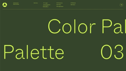 A website page with a dark green background and large, light green text reading Color Palette 03. The top menu contains navigation links and a logo in the upper left corner.