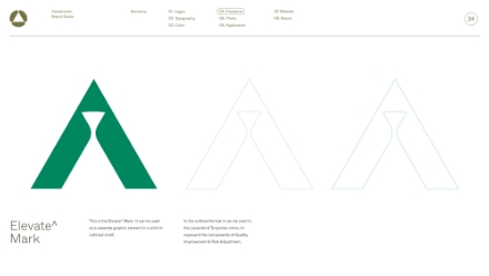 A green triangular abstract logo with a white hourglass shape in the center appears on the left. Two lighter, outlined versions of the same logo are shown to its right. Text below reads Elevate^ Mark.