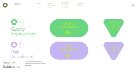 A branding guide page shows green Quality Improvement and purple Risk Adjustment subbrand logos, each with their respective icons, names, and stylized triangular background shapes. Text labels and navigation are at the top.