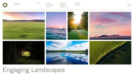A collage of seven landscape photographs, including blurred fields, sunrises, forests, lakes, and aerial views of lush green land, with the title Engaging Landscapes below the images.