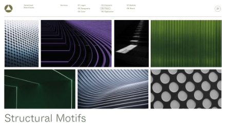A collage of seven abstract architectural images, featuring patterns and textures like grids, lines, shadows, curves, and circles in shades of green, purple, black, and white. The heading reads Structural Motifs.