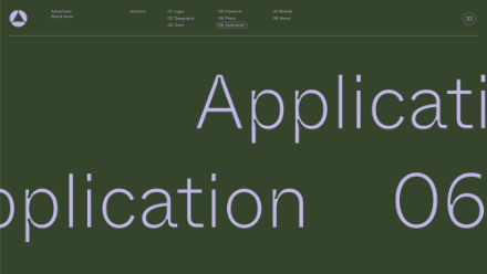 A dark green screen displays oversized, light purple text reading Application with only parts of some letters visible. A minimal navigation bar with small menu items appears at the top of the image.