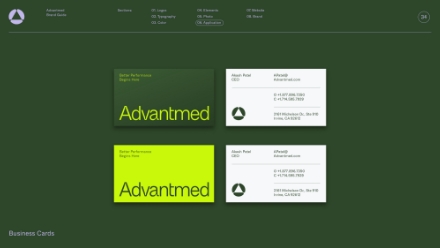 Screenshot of a design guide showing four business card mockups for Advantmed, featuring green backgrounds and white text, with contact details and a logo on the right cards. The page background is dark green.