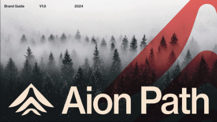 A misty pine forest with a red abstract shape overlays the right side. Aion Path is written in large text at the bottom, with smaller text above reading Brand Guide V1.0 2024 and a geometric logo on the left.