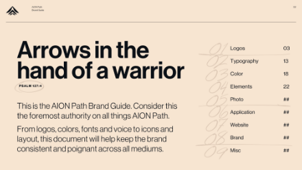 A page from the AION Path Brand Guide with the title Arrows in the hand of a warrior. It lists sections such as Logos, Typography, Color, Elements, and more on the right side.