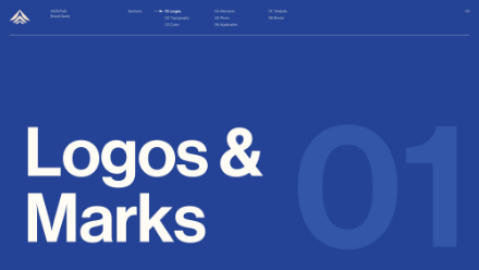 A blue page with large white text reading Logos & Marks 01. The top includes a navigation bar with small menu items and a logo in the upper left corner.