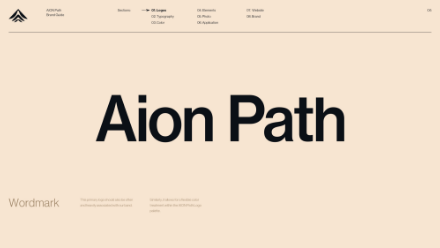 A beige webpage displays the bold black text Aion Path centered. Smaller text at the bottom left reads Wordmark, with additional faint descriptive text nearby. Simple, modern design elements are visible at the top.