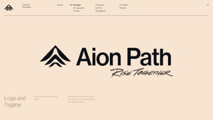 A beige page displays the Aion Path logo with a black abstract mountain symbol, the words Aion Path, and the tagline Rise Together in a handwritten style to the right of the logo.