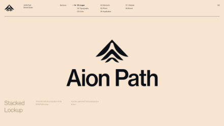 Beige background with a bold black Aion Path logo centered below a geometric, upward-pointing abstract symbol. Minimal text and navigation appear at the top and along the sides.