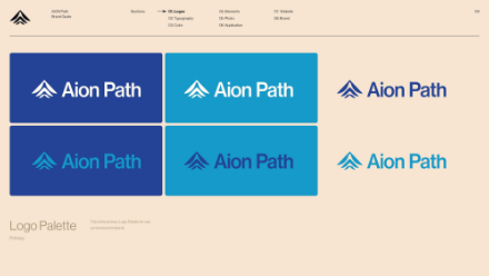 A brand style guide page displaying six Aion Path logo variations, each in different blue shades, with the brand name and triangular icon on a beige background. Text below reads Logo Palette.