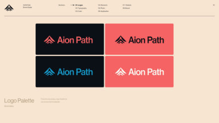 Four logo variations for Aion Path are shown: black on coral, black on pale pink, blue on dark navy, and white on coral. Each features a stylized upward arrow icon to the left of the text.