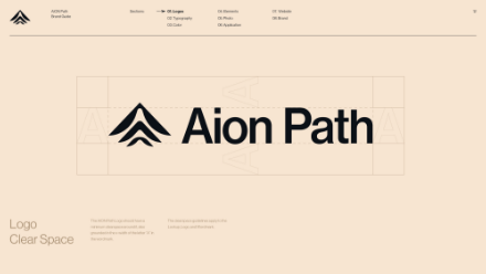 Aion Path logo centered on a beige background, showing black stylized upward arrows and text. The logo is surrounded by guide lines illustrating clear space requirements. Text below reads Logo Clear Space.