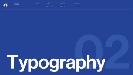 A blue webpage with white text. Typography is written in large, bold letters at the bottom left, with a faint, oversized 02 behind it. The top section contains navigation links and a logo.