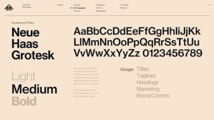 Sample of the Neue Haas Grotesk font showing uppercase and lowercase letters, numbers, and font weights (Light, Medium, Bold). Text notes its use for titles, taglines, headings, marketing, and brand communications.