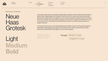 A beige page displays text samples of Neue Haas Grotesk in Light, Medium, and Bold weights, with body copy and caption examples, and a highlighted note for its use as body and caption copy.