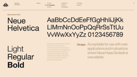 A beige graphic displays the Neue Helvetica font in Light, Regular, and Bold weights, showing uppercase, lowercase letters, and numbers. A note states it’s suitable for web use or when Neue Haas Grotesk is unavailable.