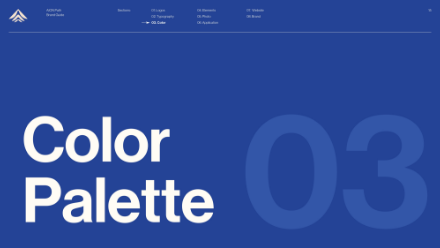 Blue background with large white text reading Color Palette on the left and a transparent large 03 on the right. Menu and navigation links appear at the top of the image.