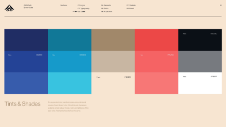 A color palette guide displays eight rectangular color swatches in two rows, each labeled with its respective hex code. The background is beige, and Tints & Shades is written at the bottom left.
