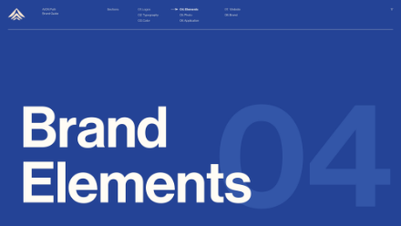 A blue slide titled Brand Elements 04 in large white text, with a navigation menu across the top for different brand guide sections.