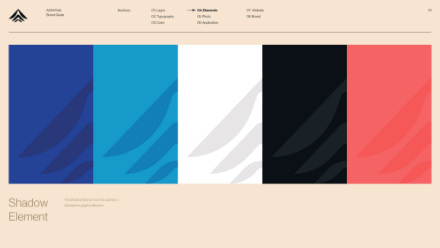 Five vertical color panels—blue, light blue, white, black, and coral—are shown side by side with a faint, abstract shadow pattern overlaid. The heading Shadow Element appears on the lower left.