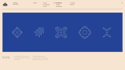 A row of five geometric, minimalist white line icons is displayed on a blue background, each with a different abstract shape. The image is labeled Icons at the bottom.