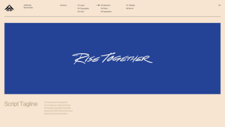 A blue rectangle centered on a beige background displays the handwritten phrase Rise Together in white script. The surrounding area includes minimal text and design elements in a muted beige tone.