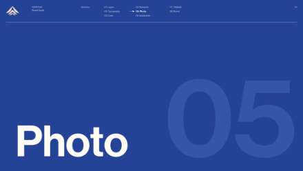 Blue graphic with the word Photo in large white text on the left and a large, semi-transparent number 05 on the right. The top section features a navigation menu and logos in white.