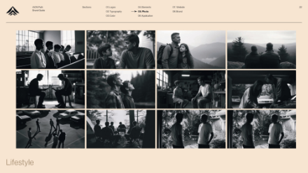 A collage of twelve black-and-white photos shows people interacting outdoors and indoors, including conversations, walks in nature, a couple, small groups, and a person standing alone, all in candid, lifestyle moments.