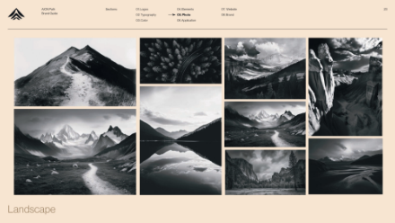A collage of black-and-white landscape photos shows mountains, winding paths, rivers, lakes, forests, and dramatic clouds, all arranged on a light beige background with the word Landscape at the bottom left.
