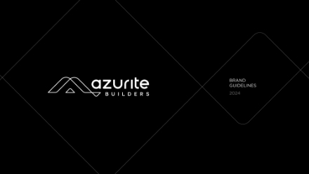 Black background with angular line accents, featuring the Azurite Builders logo on the left and the text Brand Guidelines 2024 in white on the right.