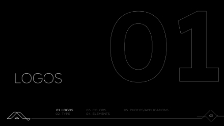 Black slide with a large, faint outline of the number 01, the word LOGOS in white text, and a minimalist navigation bar at the bottom with section titles and geometric accents.