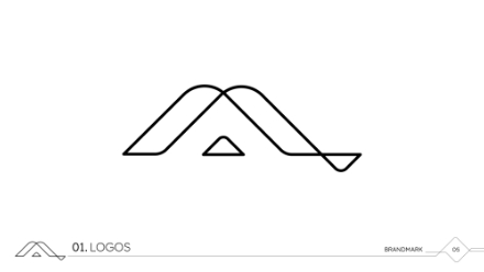 Minimalist black line logo resembling two overlapping mountain peaks above a small triangle, shown on a white background. The bottom left corner displays a small version of the logo with the text 01. LOGOS.
