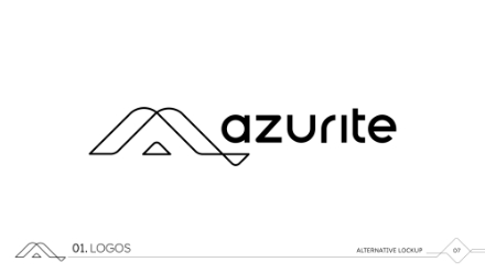 A minimalist logo with a stylized, overlapping A shape next to the word azurite in modern black font on a white background. The footer reads 01. LOGOS and ALTERNATIVE LOOKUP.