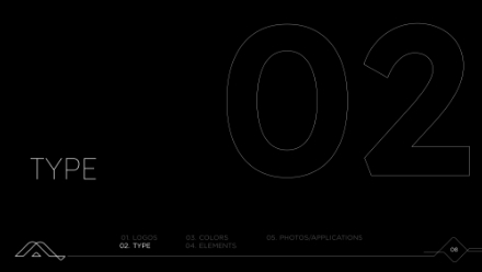 A minimalist black slide with “02” in large, semi-transparent digits. “TYPE” is written in smaller gray text on the left. A navigation bar at the bottom lists 01. LOGOS, 02. TYPE, 03. COLORS, 04. ELEMENTS, and 05. PHOTOS/APPLICATIONS.