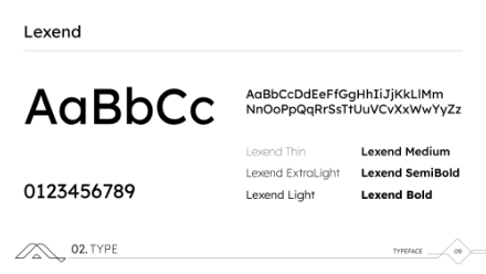 Sample of the Lexend typeface showing uppercase and lowercase letters, numbers, font weights from Thin to Bold, and font names listed on a white background.